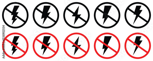 No Electricity and Lightning Prohibition Sign Icon Set – Power Outage and Antistatic Warning Symbols Vector Collection