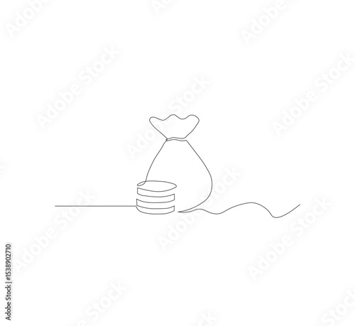 Continuous line drawing of money bag with dollar coins, white background money saving concept, business icon, one line object, single line art, hand drawn vector illustration
