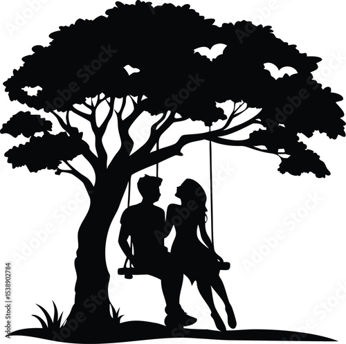 A silhouette of a couple sitting under a tree, where a swing subtly sways, vector