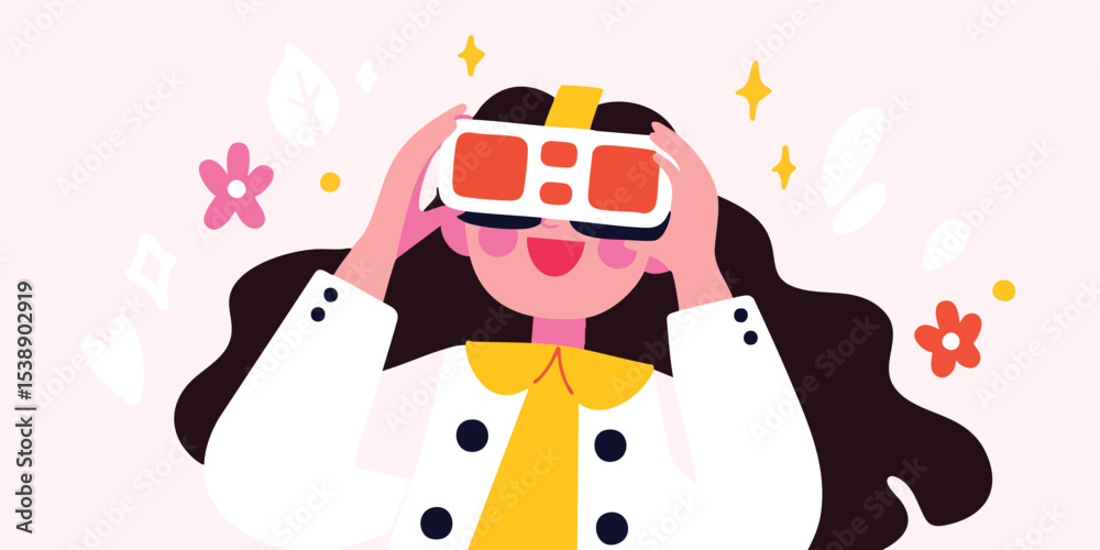 custom made wallpaper toronto digitalImmerse yourself in the world of virtual reality as a cheerful woman experience digital interface, using virtual reality glasses with expression of surprise.