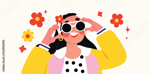 A stylish illustration of a woman radiates joy and happiness, wearing chic sunglasses amidst a vibrant floral arrangement.
