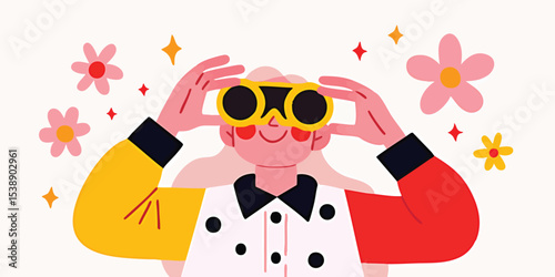 A woman with pink hair in a colorful shirt looks through binoculars, surrounded by flowers and stars, in a whimsical illustration.