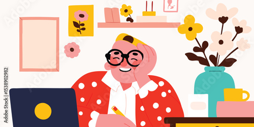 A person with glasses and joyful in the workspace, with smiling face and pensiveness, ready to create. Illustration of cheerful man with creative writing style, surrounded by elements.