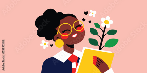 A cheerful woman tenderly cradles a flourishing plant. conveying warmth, connection and flourishing growth and cultivating new life and joy.
