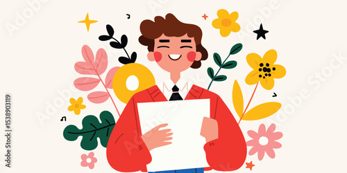 An engaging illustration of a smiling individual holding a blank sheet of paper, surrounded by vibrant floral elements and stars, expressing creativity and imagination.