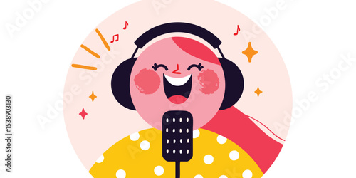 Happy singer with headphones and microphone singing joyfully.