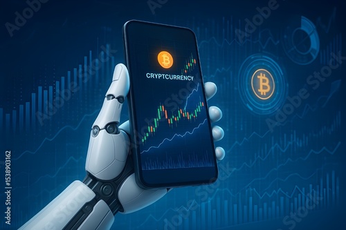 Robotic Hand Holding Smartphone Displaying Cryptocurrency Trends with Financial Graphs and Holograms

