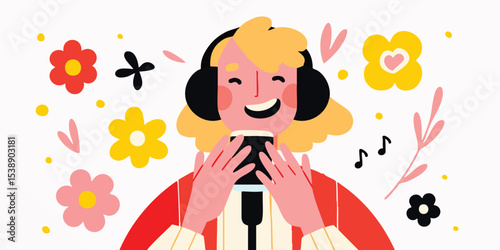 Happy person singing karaoke with smartphone and headphones. Colorful floral design.