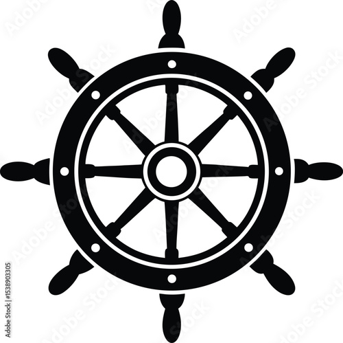 Vintage Ship's Wheel Nautical Illustration, Maritime Symbol, Black and White Vector Graphic