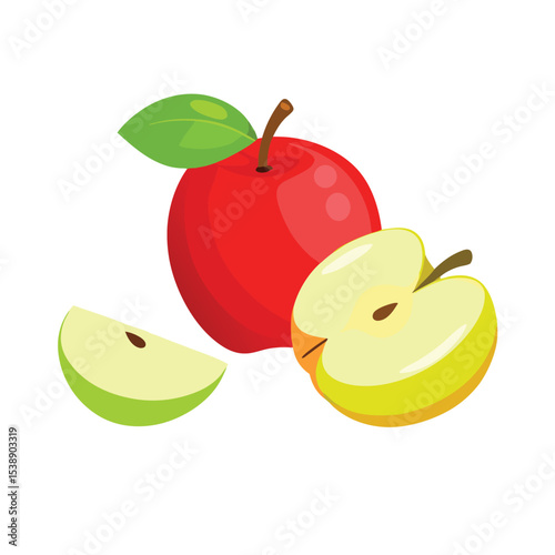 Colorful cartoon illustration of ripe red apple with green leaf and sliced apple sections