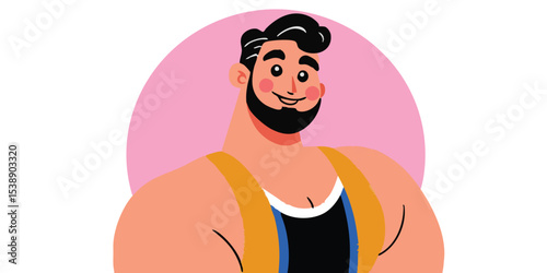 Illustration of a muscular man, showcasing his strength. Smiling and confident in his athleticism and health, against a clean backdrop.
