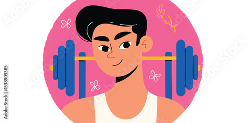Young man lifting weights, fitness illustration, healthy lifestyle.