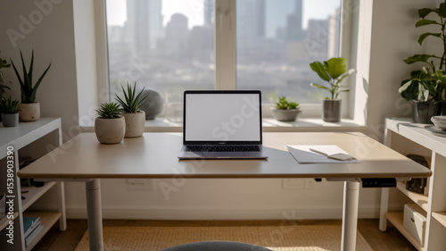 Modern desk setup with laptop plants and city view for remote work and home office productivity study space