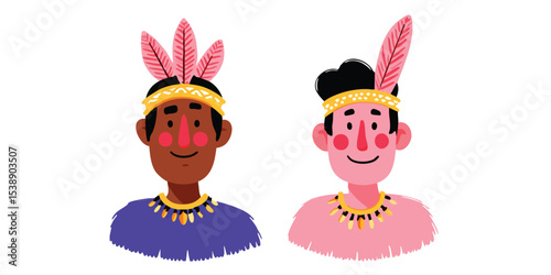 Two tribal figures stand proudly adorned in vibrant attire, exuding cultural heritage, a stylized representation with an authentic feel.