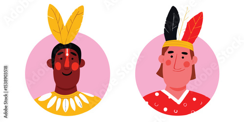 An illustration capturing the spirit of Native American heritage, showcasing two individuals adorned in traditional headdresses against a gentle background, celebrating cultural pride.