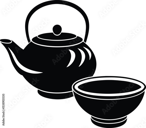 Elegant Teapot and Bowl A Simple Silhouette Illustration