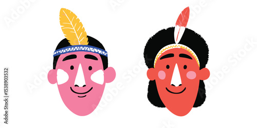 Two stylized depictions of indigenous individuals, each with their own distinct cultural accessories, celebrate heritage, history, and traditions. Each person expresses unique details.