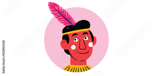A stylized illustration of a Native American man wearing a headdress with a single pink feather. His expression is friendly and approachable, suggesting a celebration of culture.