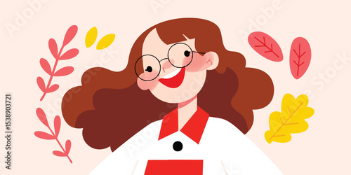 Happy girl cartoon illustration with autumn leaves