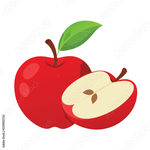 Fresh red apple with a sliced portion showing seeds, a vector illustration