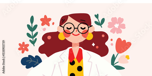 A cheerful, cartoonish illustration depicts a female medical professional or scientist, surrounded by vibrant floral elements, celebrating the harmony of science and nature. 