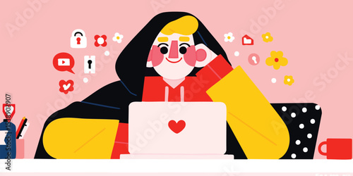 An illustration depicts a cheerful individual, engrossed in digital activity.  Surrounded by a selection of digital iconography, hinting at themes of connection, security, and creativity.