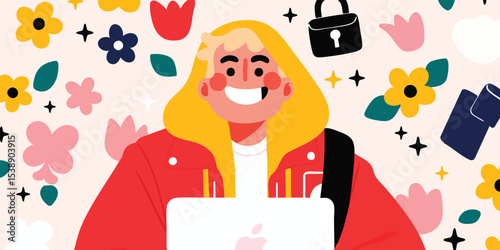 A creative woman with a laptop, smiles brightly amidst a beautiful floral background, symbolizing innovation and inspiration in a digitally enhanced artistic style.