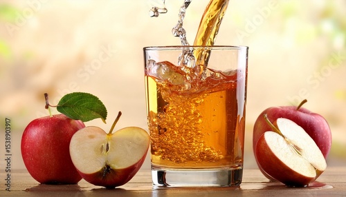 apple juice being poured into a glass with dropped fruit pieces slow motion