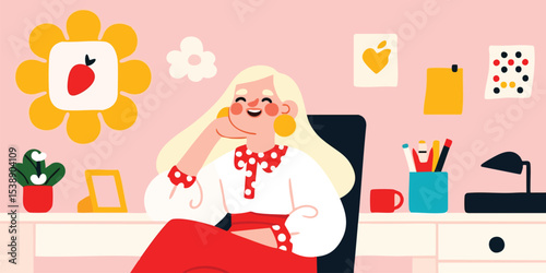 A woman is working and smiling at the desk, in front of her a small lamp and a cup are placed. A cute flower pot and colorful illustrations decorates around the desk. 