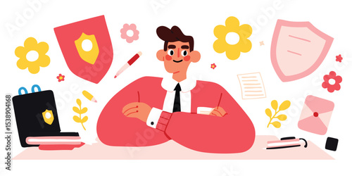 A determined professional man sitting behind a desk surrounded by elements of business and support.