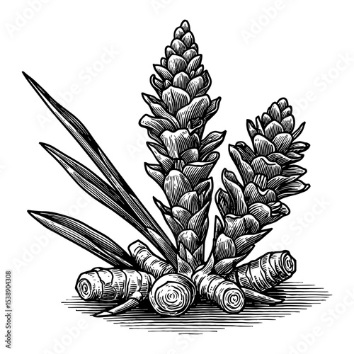 Ginger Flower with Ginger Root and Leaves Black and White Outline Line Art Drawing Botanical Illustration