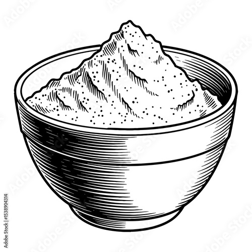 Pile of Flour in a Bowl Kitchen Ingredient Baking Cooking Black and White Outline Line Art Drawing