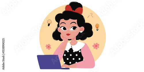 A Thoughtful Lady in a Stylish Outfit, engrossed in contemplation while utilizing a laptop, symbolizing innovation, creativity, and the pursuit of solutions.