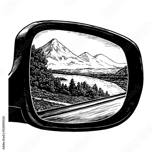Landscape Reflection in Car Sideview Mirror with Mountains Lake Road Black and White Outline Line Art Drawing