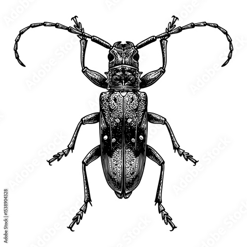 Longhorn Beetle or Lophonocerus Barbicornus Insect Top View Black and White Outline Line Art Drawing