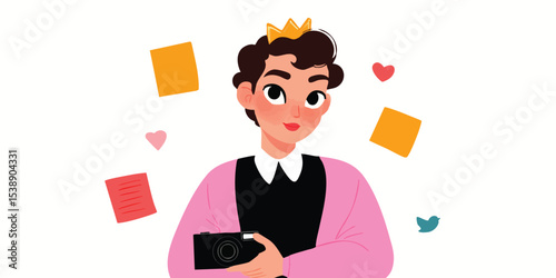 A modern prince holding a camera surrounded by social media elements, symbolizing creativity and connection, wears a golden crown with stylish clothes.