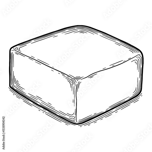 Fresh Slice of Butter Cube Dairy Product Black and White Outline Line Art Drawing Isolated Object