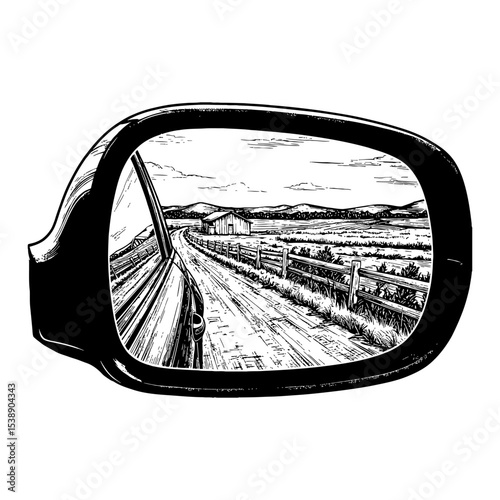 Rural Area Landscape in Car Side Mirror Reflection Black and White Outline Line Art Drawing