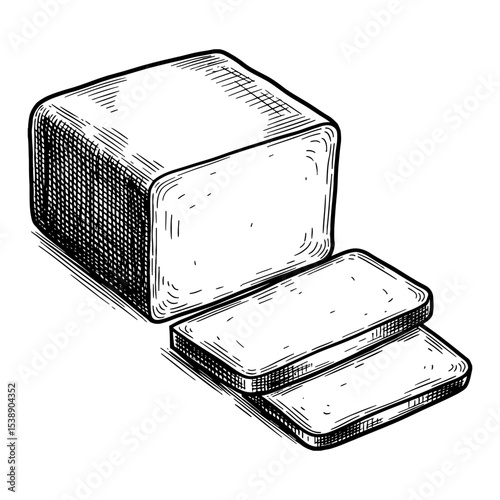 Sliced Butter or Cheese Cube Isolated Block with Two Cut Slices Black and White Outline Line Art Drawing