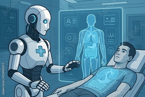 AI-Powered Robot Doctor Scanning Patient with Digital Body Interface in High-Tech Sterile Clinic
