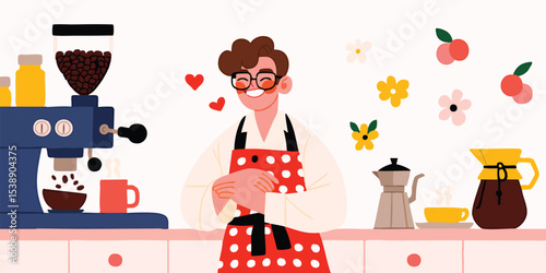 A cheerful barista with an engaging smile crafting coffee in a cute cafe environment. A colorful flat vector graphic image showcases a modern coffee shop scene with a barista.