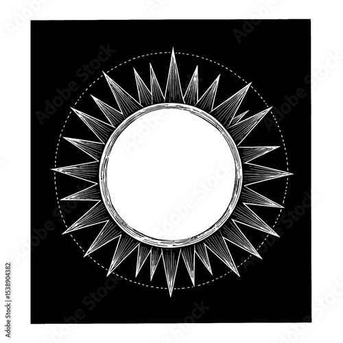 Stylized Sun Geometry Symbol Vintage Black and White Outline Line Art Drawing Celestial Body Icon Card Style