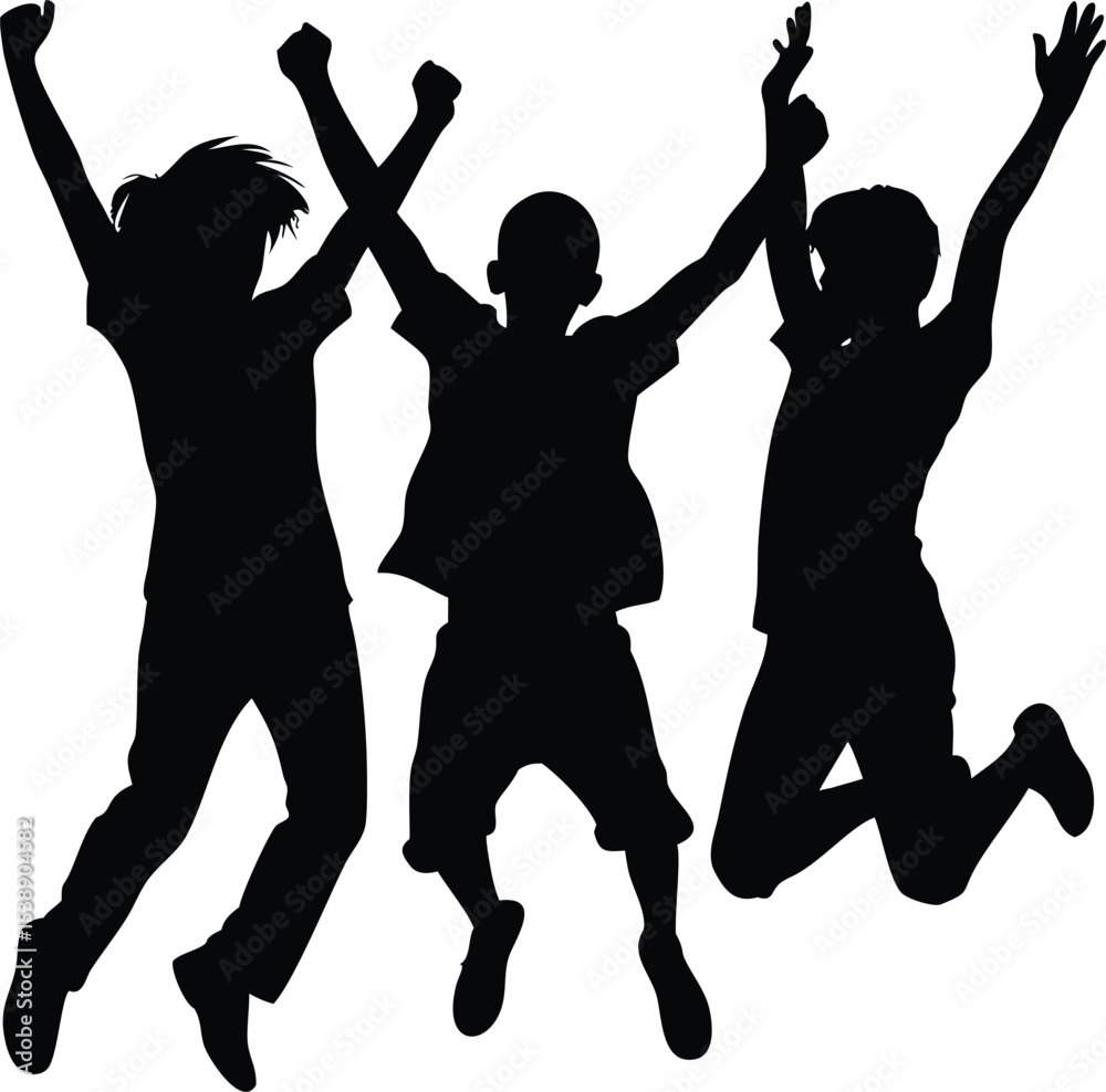 Fototapeta premium Three young children joyfully jump into the air, a group of happy jumping children, vector