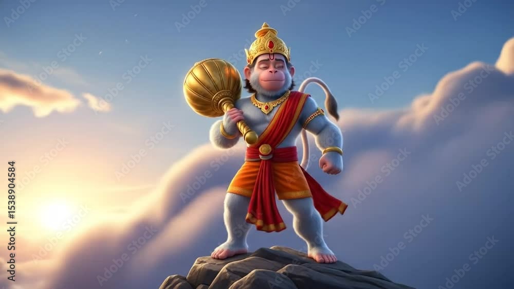 Animated depiction of lord hanuman standing heroically on a rock with a sunrise sky background