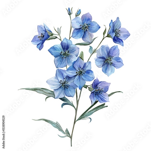 A Delphinium Stem Bouquet, watercolor drawing vector, isolated on a white background.