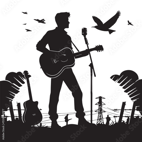 silhouette of a person playing guitar, editable vector image