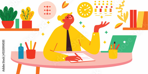 A happy woman sits at her desk, surrounded by plants, books, and creative tools, joyfully working on a project.  The scene is vibrant and full of energy, symbolizing creativity and productivity.