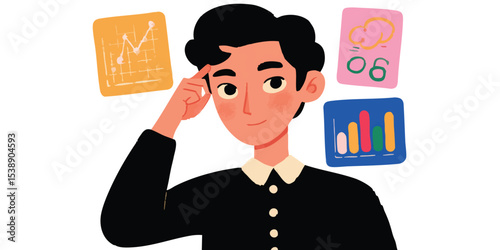 A thinking individual studies financial diagrams and business figures, engaging with business concepts. The scene embodies analytical skills. 