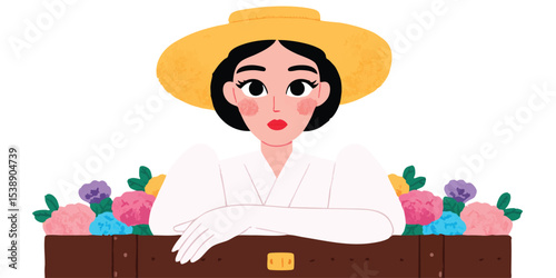 A stylized illustration of a elegant woman wearing a elegant hat, resting on a brown suitcase, the whole in the middle of flowers, expressing the allure of travel. 