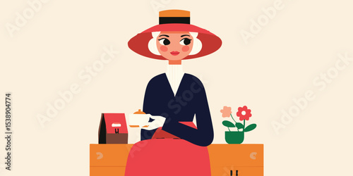 An elegant elderly woman in a stylish outfit enjoys a moment of leisure, sipping from a delicate teacup while relaxing on a sunny day with a vibrant flower. 